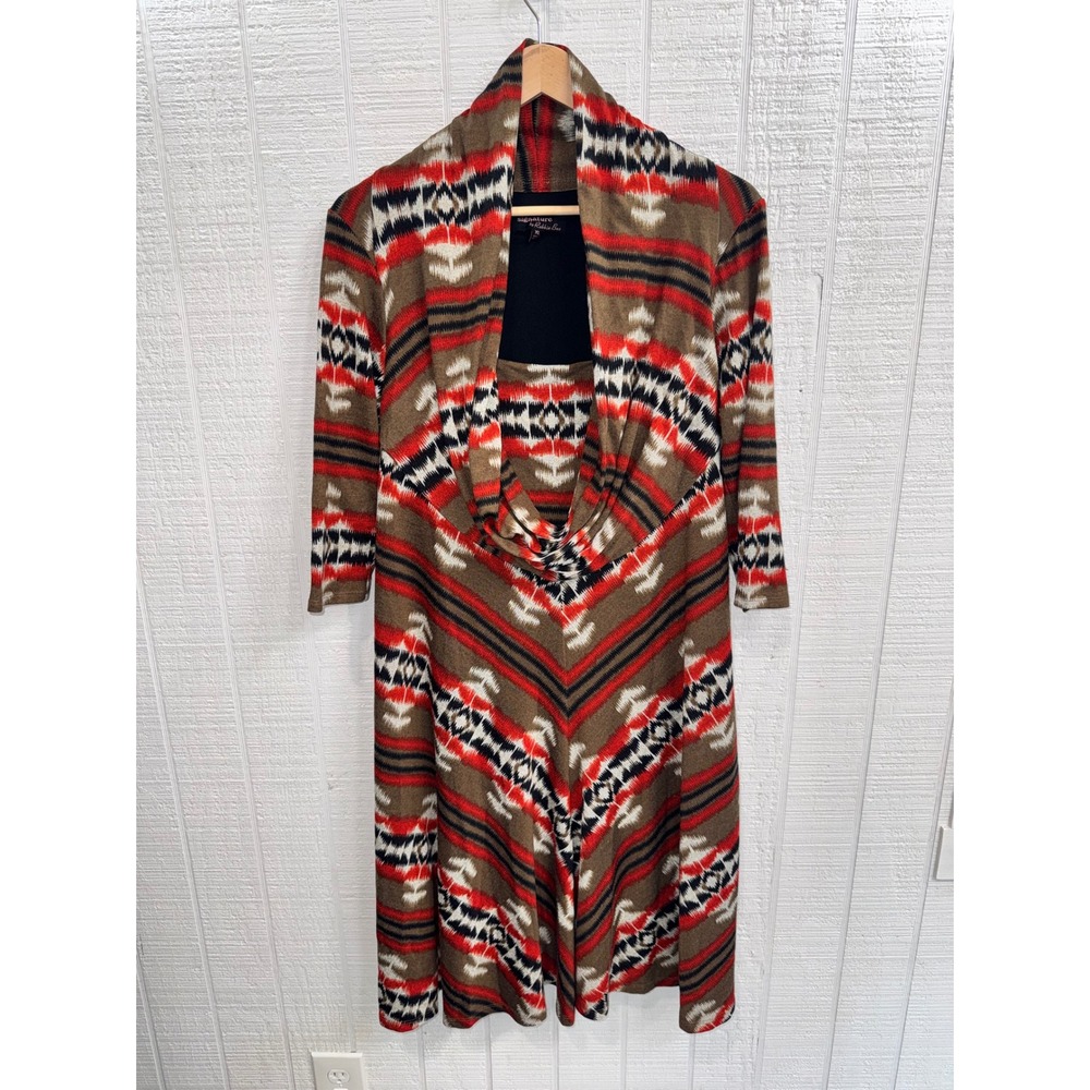 Signature by Robbie Bee Dress XL Brown Red Southwestern Cowl Neck 3/4 Sleeve